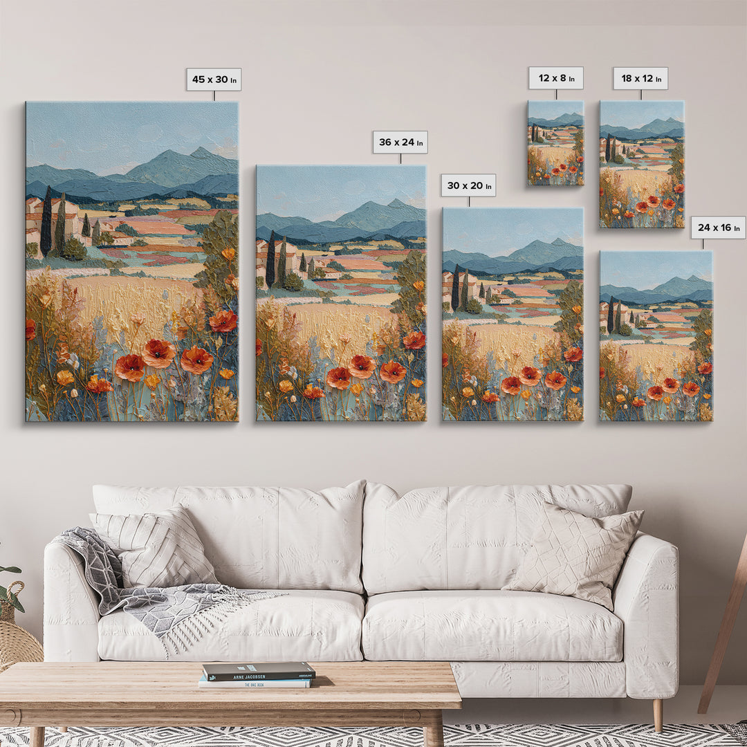 Tuscan Poppy Field Framed Canvas Print, Italian Villa Art, Travel Poster, Living Room Decor, Abstract Art, Villa, IVA-2x3-47