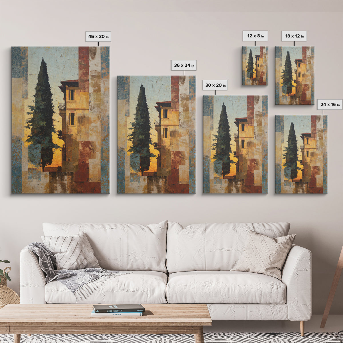 Cypress Silhouette at Sunset Framed Canvas Print, Italian Villa Art, Boho Decor, Living Room Decor, Oil Painting, Villa, IVA-2x3-53