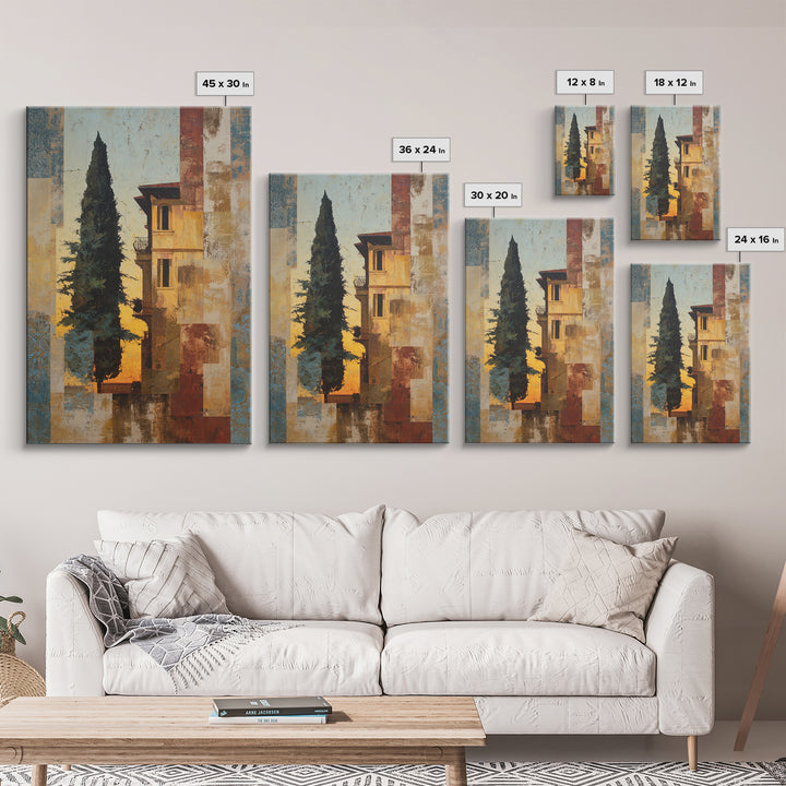 Cypress Silhouette at Sunset Framed Canvas Print, Italian Villa Art, Boho Decor, Living Room Decor, Oil Painting, Villa, IVA-2x3-53