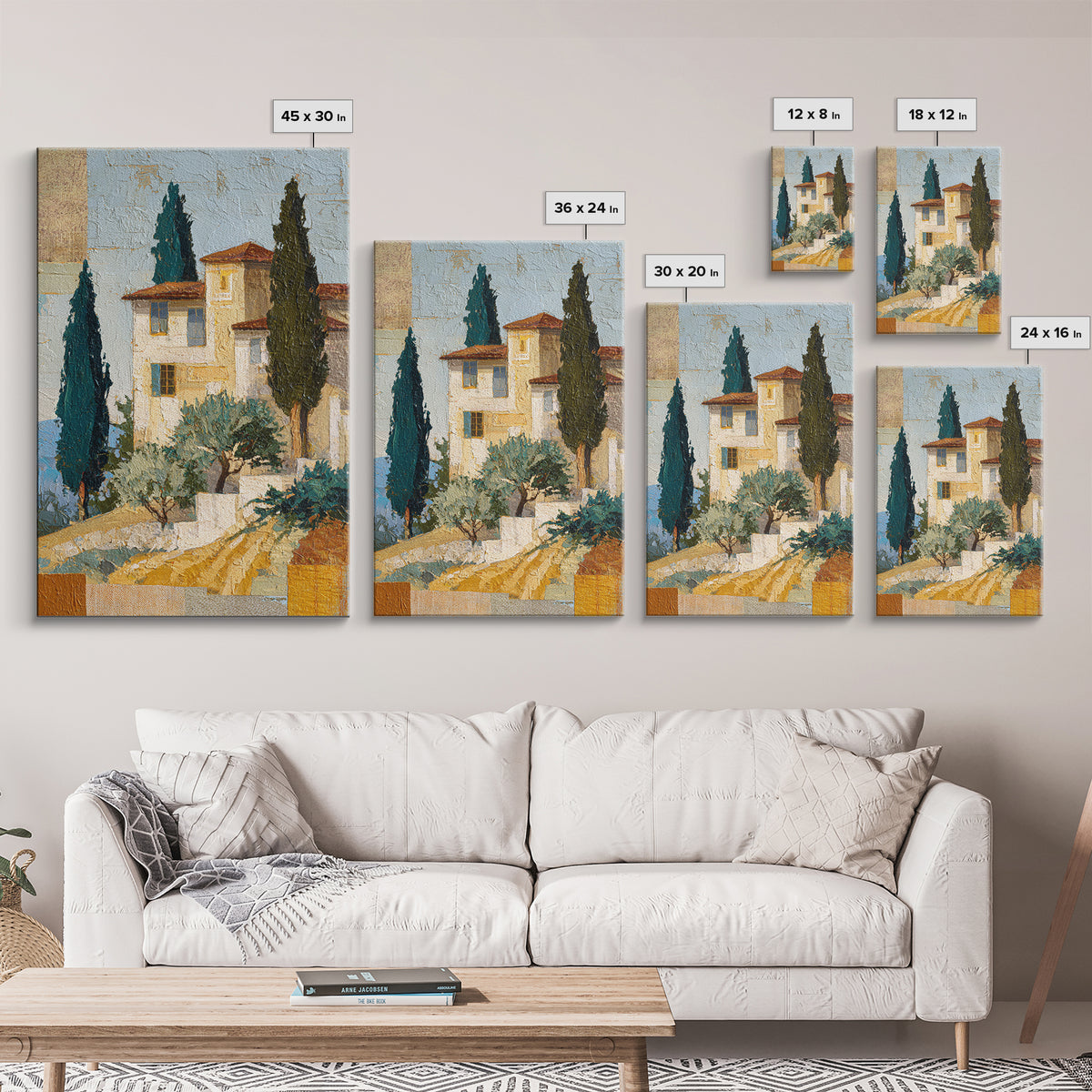 Tuscan Hillside with Cypress Trees and Golden Canvas Print, Italian Villa Art, Minimalist Decor, Living Room Decor, IVA-2x3-57