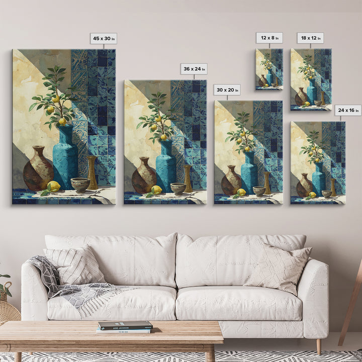 Lemon Branch in Blue Ceramic Vase Canvas Print, Italian Villa Art, Luxury Decor, Living Room Decor, Villa, Framed Wall Art, IVA-2x3-58