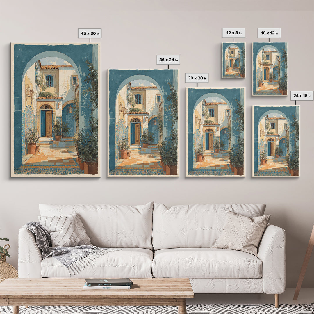 Mediterranean Arch Framing Blue Sea Framed Canvas Print, Italian Villa Art, Gallery Wall Set, Living Room Decor, Villa, IVA-2x3-64