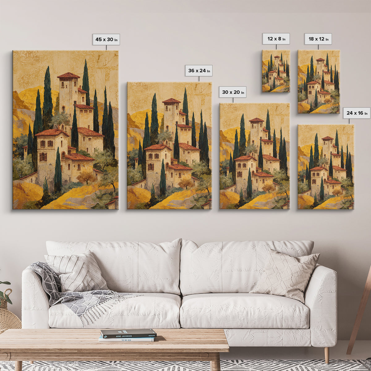 Tuscan Hillside with Cypress Trees and Golden Canvas Print, Italian Villa Art, Minimalist Decor, Living Room Decor, IVA-2x3-81