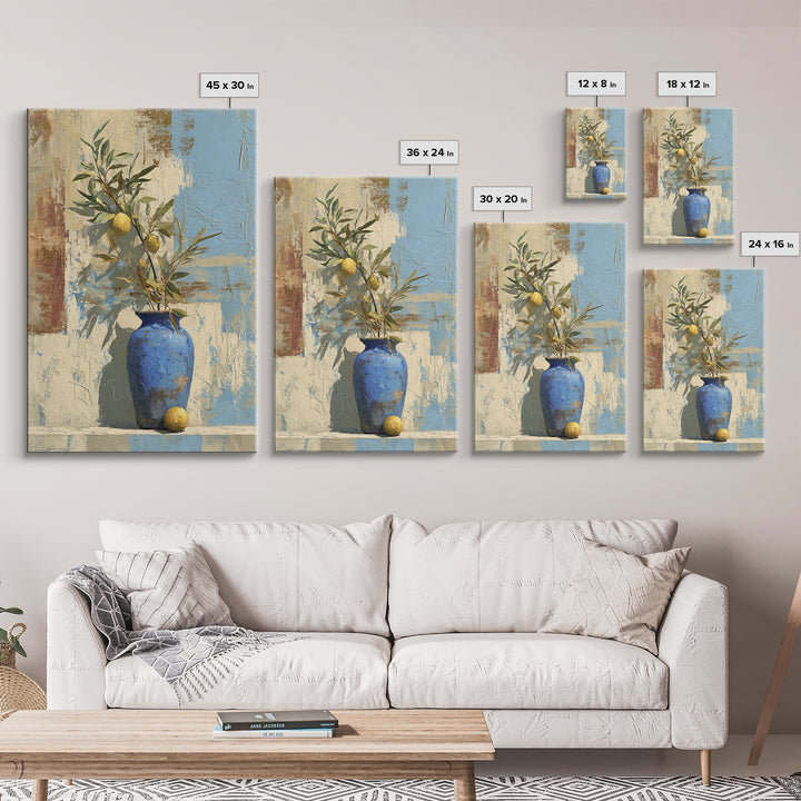 Lemon Branch in Blue Ceramic Vase Canvas Print, Italian Villa Art, Luxury Decor, Living Room Decor, Villa, Framed Wall Art, IVA-2x3-82
