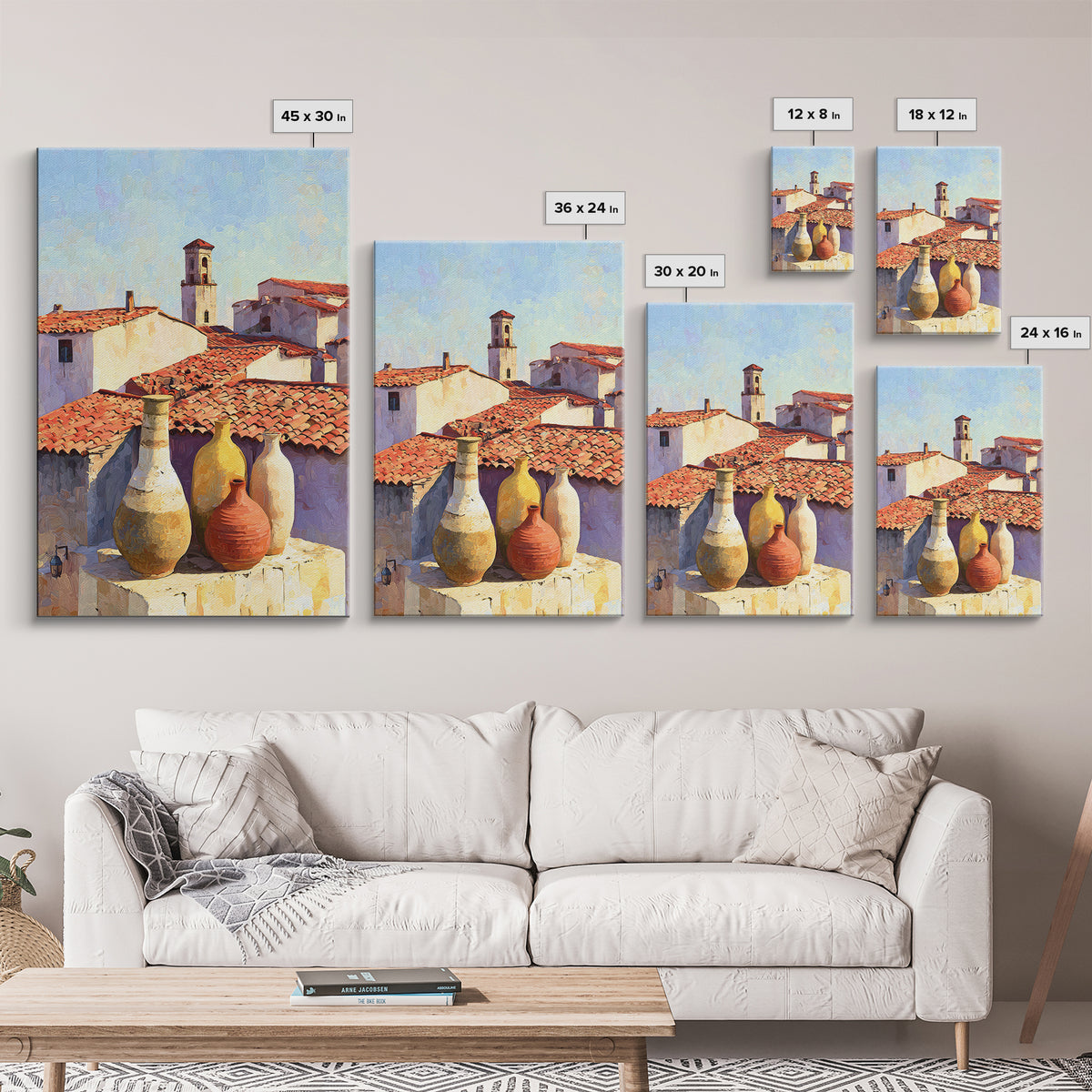 Terracotta Rooftops Against Pale Sky Framed Canvas Print, Italian Villa Art, Digital Wall Art, Living Room Decor, Villa, IVA-2x3-84