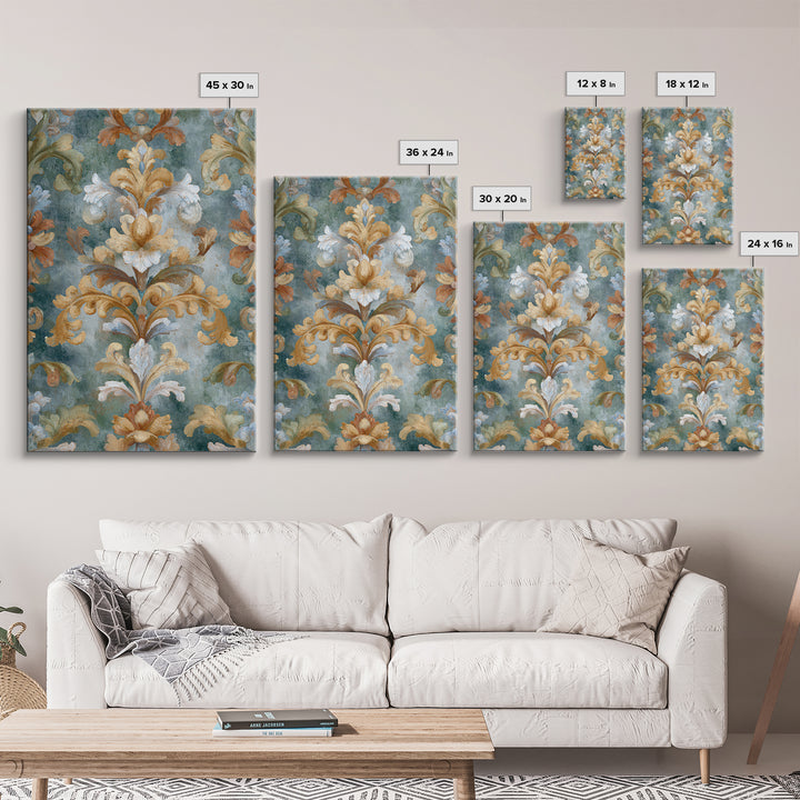 Florentine Floral Ornament Pattern Framed Canvas Print, Italian Villa Art, Room Decor, Living Room Decor, Oil Painting, Villa, IVA-2x3-90