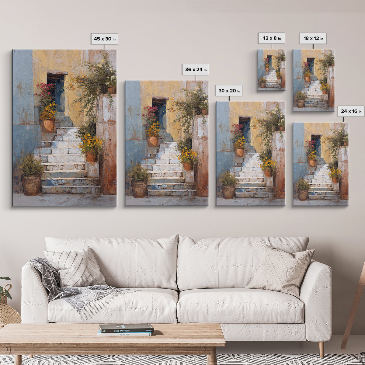 Sunlit Stone Stairway Canvas Print, Italian Villa Art, Luxury Decor, Living Room Decor, Fine Art, Villa, Framed Wall Art, IVA-2x3-91