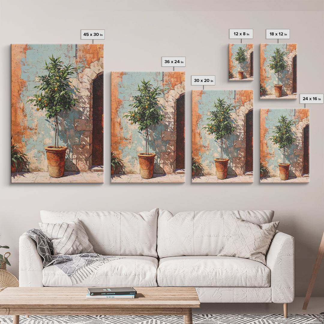 Orange Tree in a Courtyard Planter Framed Canvas Print, Italian Villa Art, Textured Painting, Living Room Decor, Villa, IVA-2x3-94