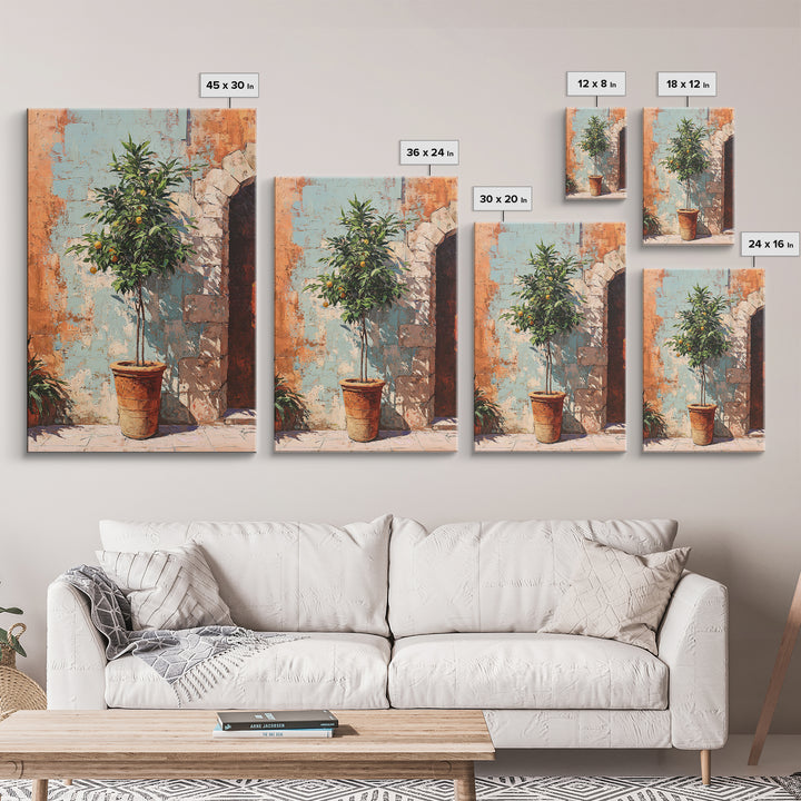 Orange Tree in a Courtyard Planter Framed Canvas Print, Italian Villa Art, Textured Painting, Living Room Decor, Villa, IVA-2x3-94