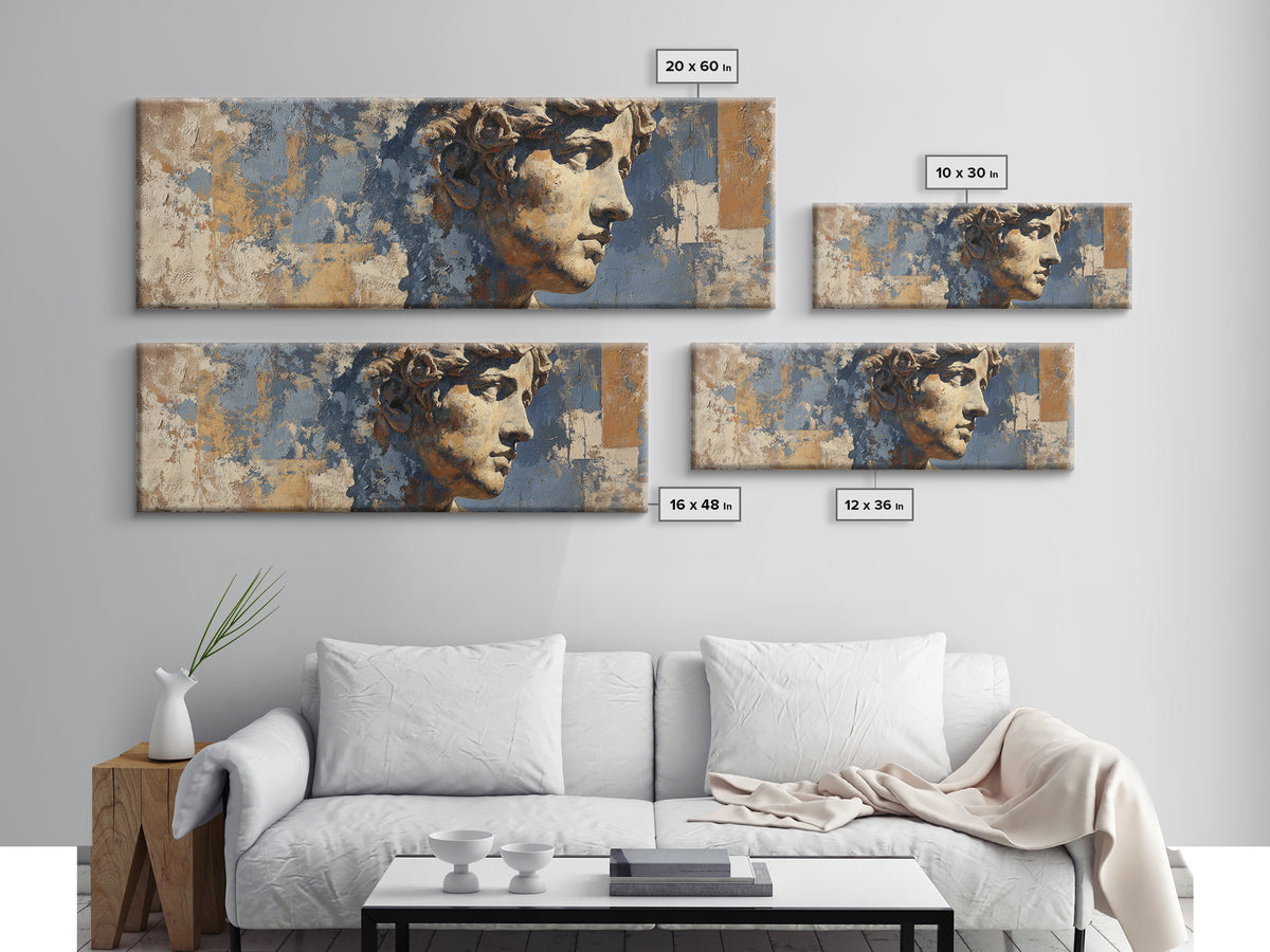 Classic Roman Statue Bust Framed Canvas Print, Italian Villa Art, Landscape Print, Living Room Decor, Oil Painting, Villa, IVA-3x1-28