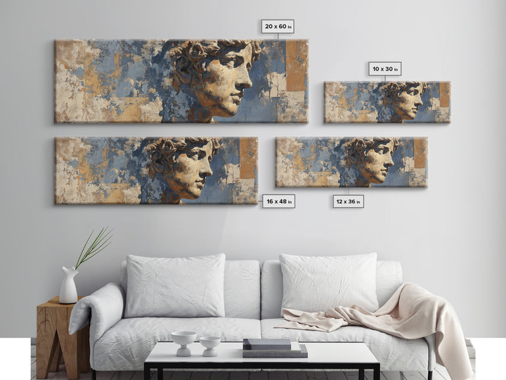 Classic Roman Statue Bust Framed Canvas Print, Italian Villa Art, Landscape Print, Living Room Decor, Oil Painting, Villa, IVA-3x1-28