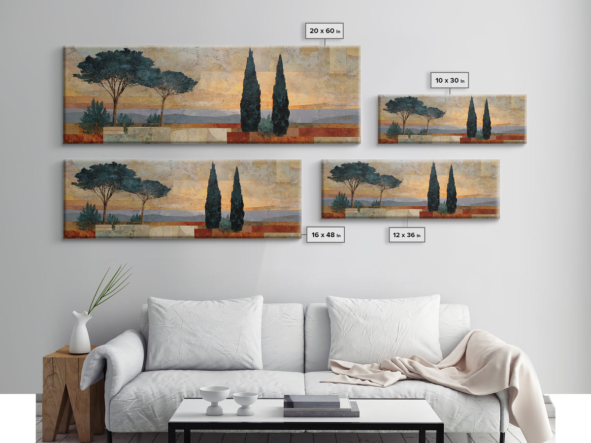 Cypress Silhouette at Sunset Framed Canvas Print, Italian Villa Art, Oil Painting, Living Room Decor, Watercolor Art, Villa, IVA-3x1-37