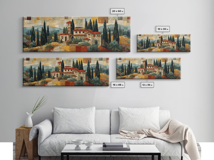 Tuscan Hillside with Cypress Trees and Golden Canvas Print, Italian Villa Art, Living Room Wall Art, Living Room Decor, Villa, IVA-3x1-41