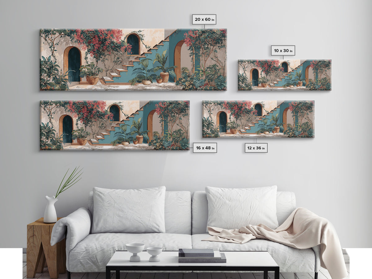 Sunlit Stone Stairway Framed Canvas Print, Italian Villa Art, Textured Painting, Living Room Decor, Villa, Bedroom Wall Art, IVA-3x1-51