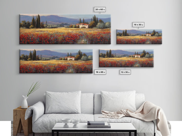 Tuscan Poppy Field Framed Canvas Print, Italian Villa Art, Boho Decor, Living Room Decor, Fine Art, Villa, Digital Wall Art, IVA-3x1-55