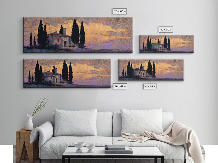 Cypress Silhouette at Sunset Canvas Print, Italian Villa Art, Living Room Decor, Oil Painting, Villa, Living Room Art, IVA-3x1-61