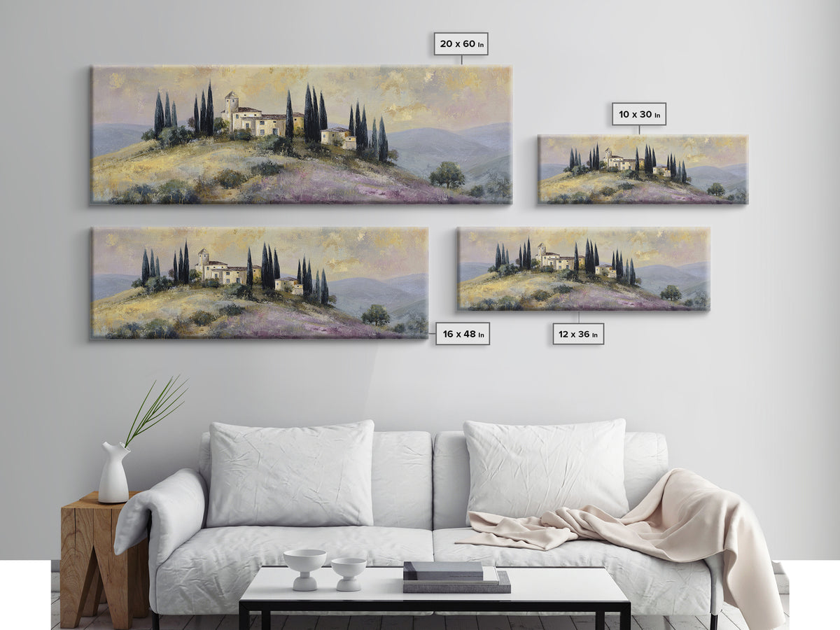 Tuscan Hillside with Cypress Trees and Golden Canvas Print, Italian Villa Art, Living Room Wall Art, Living Room Decor, Villa, IVA-3x1-65