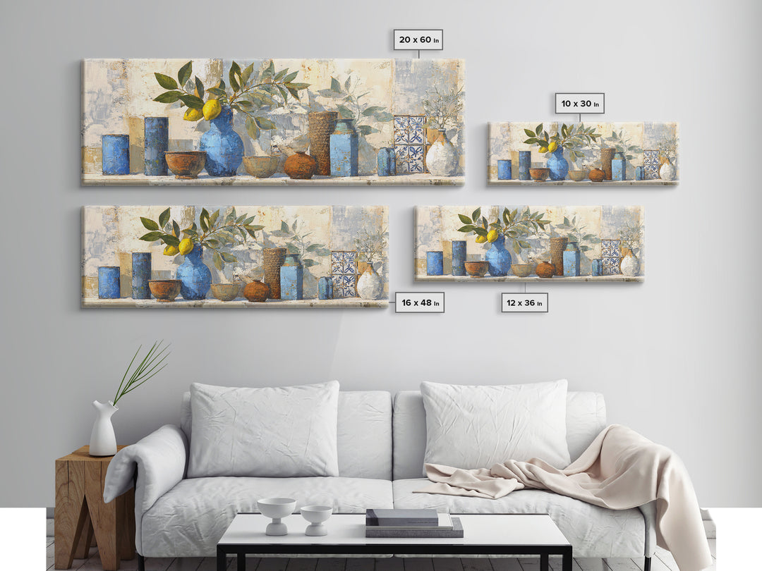Lemon Branch in Blue Ceramic Vase Canvas Print, Italian Villa Art, Large Wall Art, Living Room Decor, Watercolor Art, Villa, IVA-3x1-66