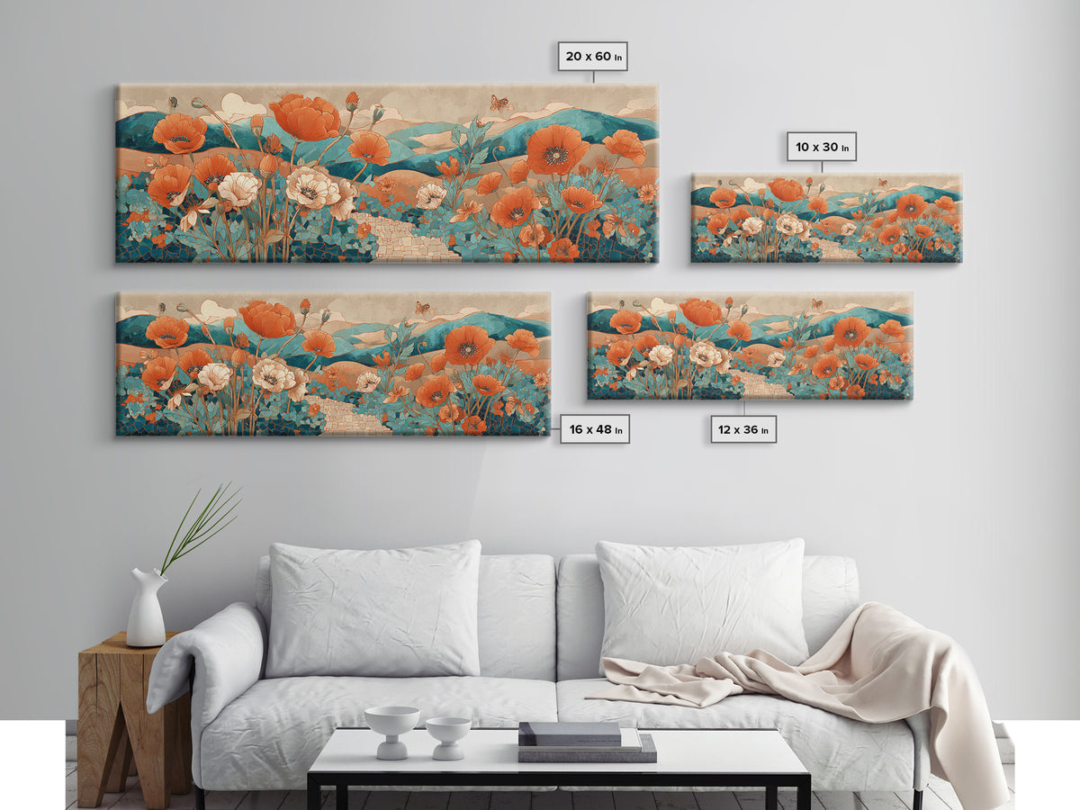 Tuscan Poppy Field Framed Canvas Print, Italian Villa Art, Oil Painting, Living Room Decor, Villa, Farmhouse Wall Art, IVA-3x1-79