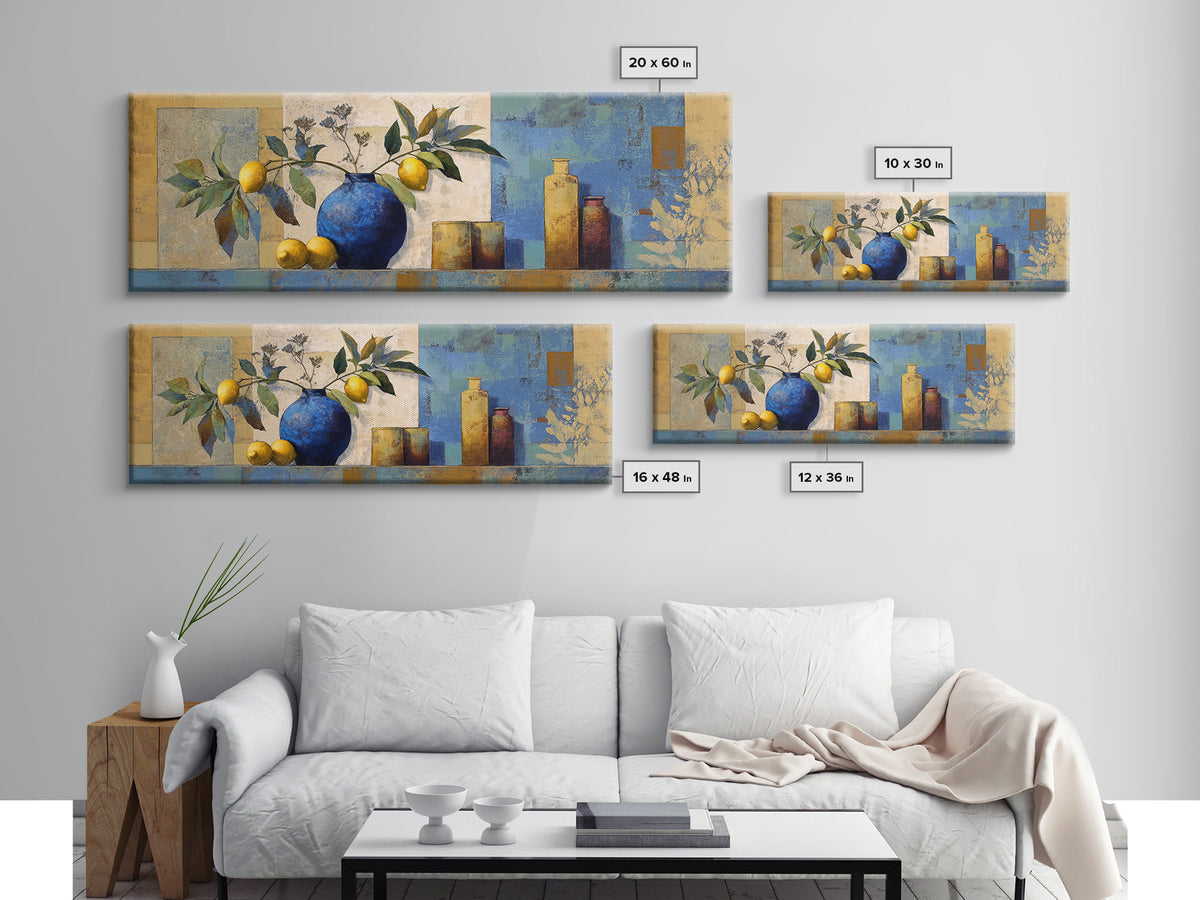 Lemon Branch in Blue Ceramic Vase Framed Canvas Print, Italian Villa Art, Bedroom Wall Art, Living Room Decor, Fine Art, Villa, IVA-3x1-90