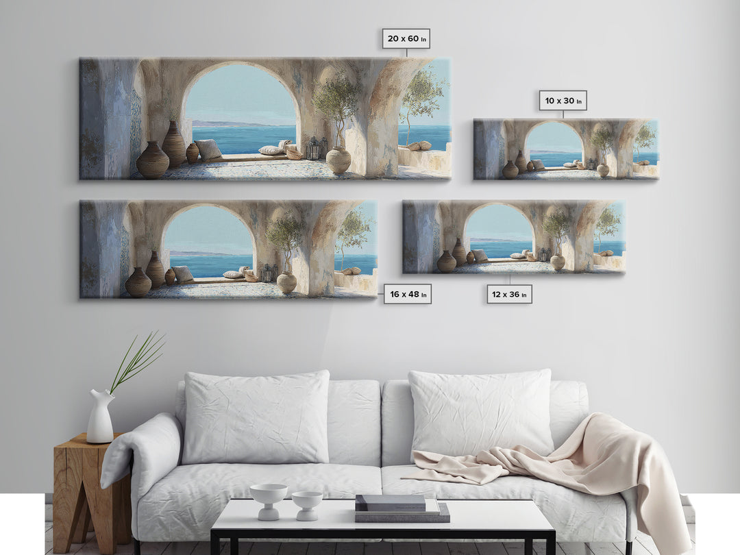 Mediterranean Arch Framing Blue Sea Canvas Print, Italian Villa Art, Gallery Wall, Living Room Decor, Fine Art, Villa, IVA-3x1-96