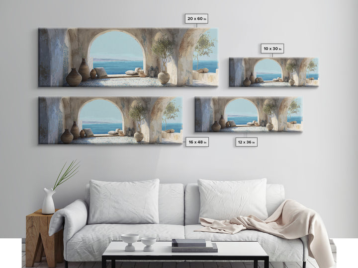 Mediterranean Arch Framing Blue Sea Canvas Print, Italian Villa Art, Gallery Wall, Living Room Decor, Fine Art, Villa, IVA-3x1-96