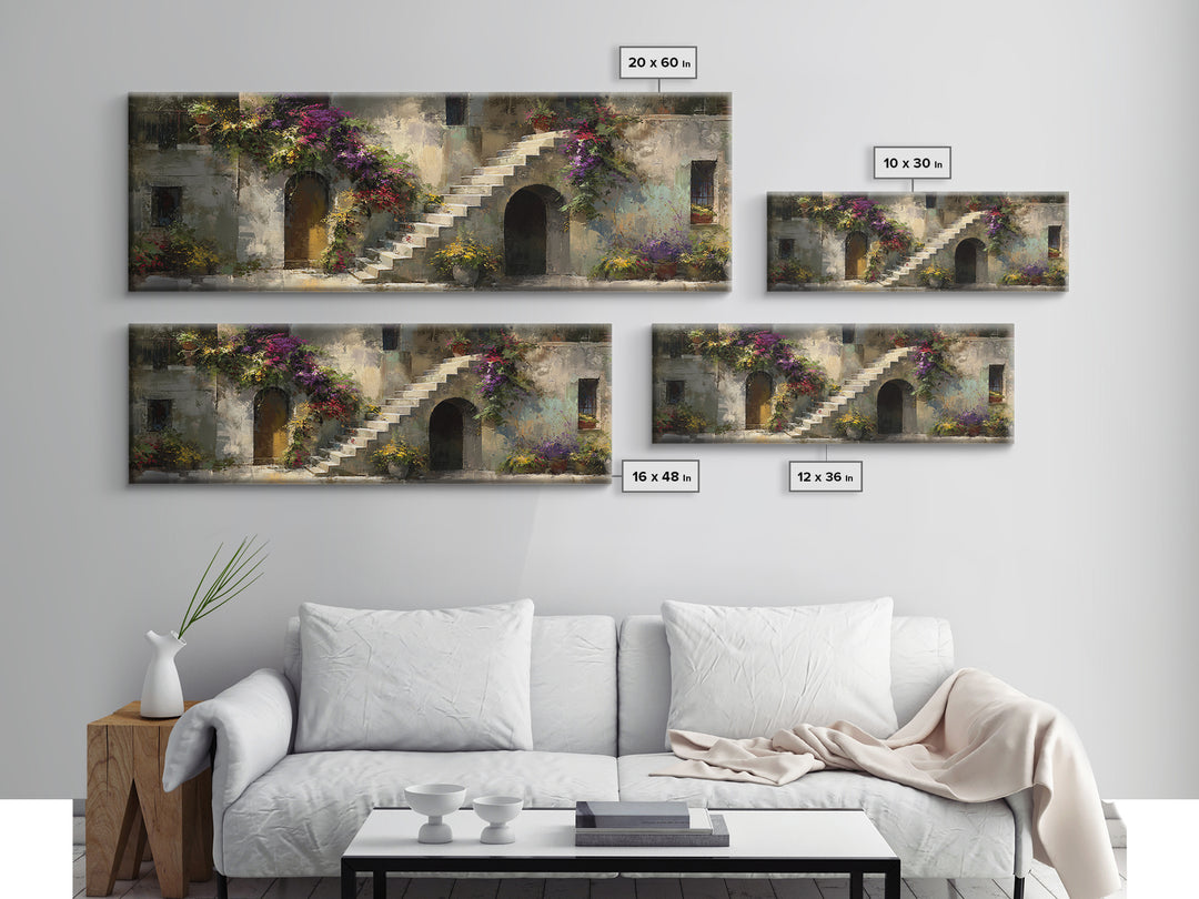 Sunlit Stone Stairway Framed Canvas Print, Italian Villa Art, Gallery Wall Set, Living Room Decor, Villa, Modern Decor, IVA-3x1-99