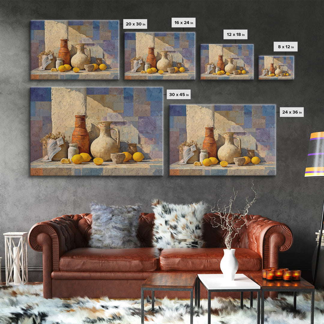 Coastal Lemons and Striped Cloth Arrangement Canvas Print, Italian Villa Art, Landscape Painting, Living Room Decor, Villa, IVA-3x2-100