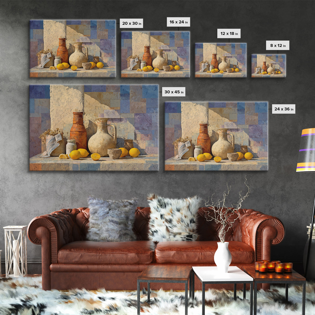 Coastal Lemons and Striped Cloth Arrangement Canvas Print, Italian Villa Art, Landscape Painting, Living Room Decor, Villa, IVA-3x2-100