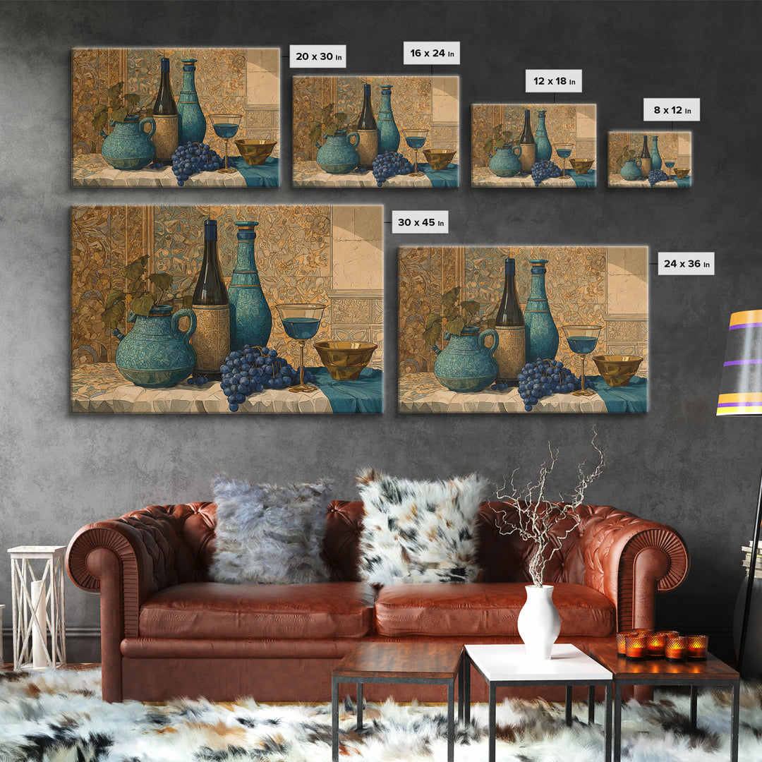 Grapevine and Wine Still Life on Linen Canvas Print, Italian Villa Art, Minimalist Decor, Living Room Decor, Abstract Art, IVA-3x2-11