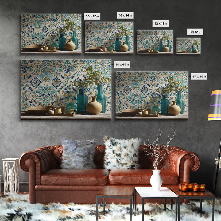 Florentine Floral Ornament Pattern Framed Canvas Print, Italian Villa Art, Room Decor, Living Room Decor, Oil Painting, Villa, IVA-3x2-14