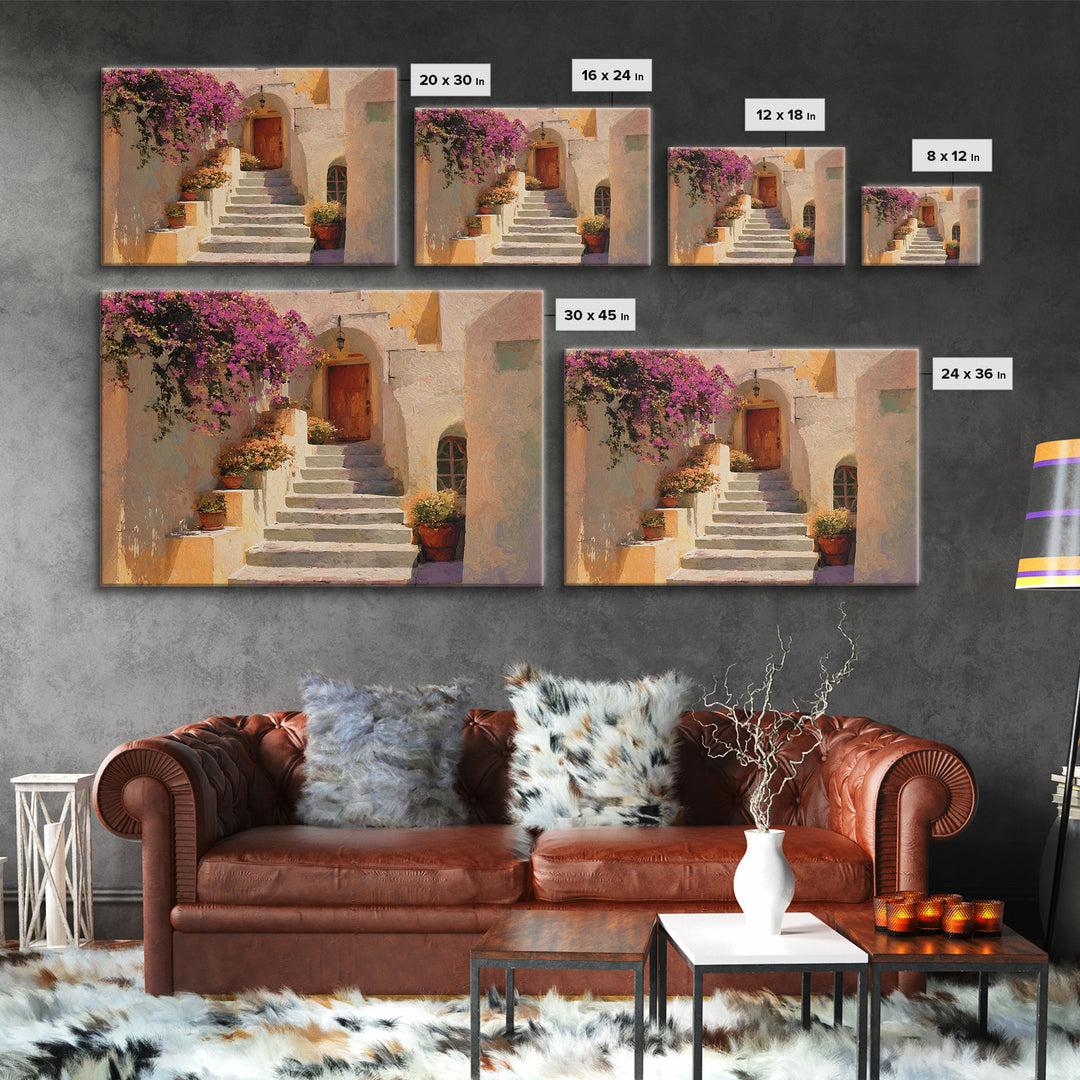 Sunlit Stone Stairway Framed Canvas Print, Italian Villa Art, Neutral Decor, Living Room Decor, Fine Art, Villa, IVA-3x2-15