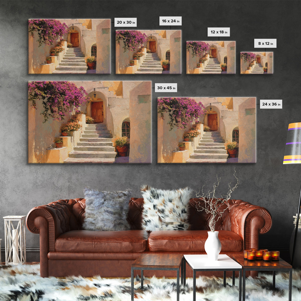 Sunlit Stone Stairway Framed Canvas Print, Italian Villa Art, Neutral Decor, Living Room Decor, Fine Art, Villa, IVA-3x2-15