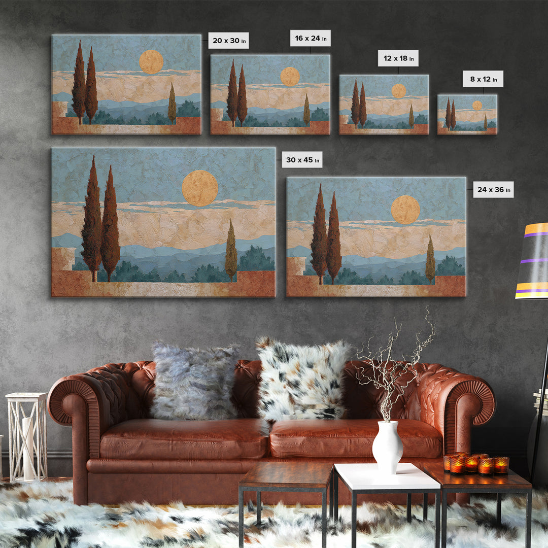 Cypress Silhouette at Sunset Framed Canvas Print, Italian Villa Art, Oil Painting, Living Room Decor, Abstract Art, Villa, IVA-3x2-25