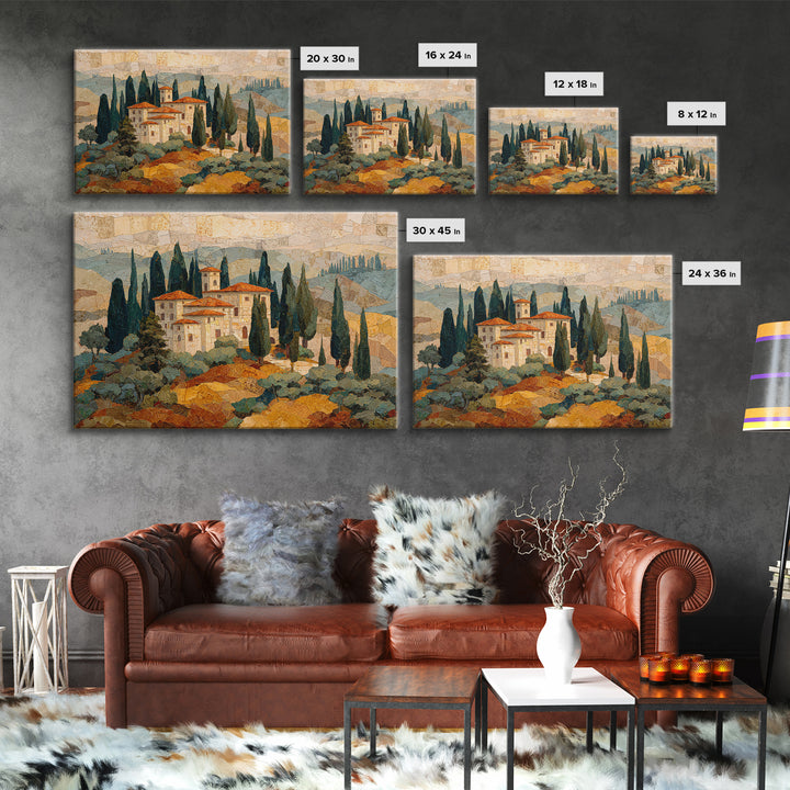 Tuscan Hillside with Cypress Trees and Golden Canvas Print, Italian Villa Art, Living Room Wall Art, Living Room Decor, Villa, IVA-3x2-29