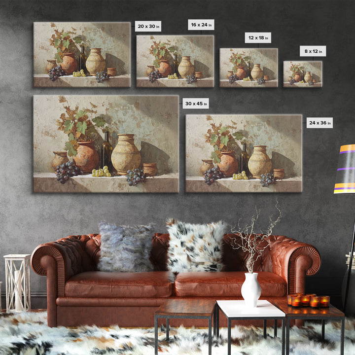 Grapevine and Wine Still Life on Linen Framed Canvas Print, Italian Villa Art, Digital Wall Art, Living Room Decor, IVA-3x2-35