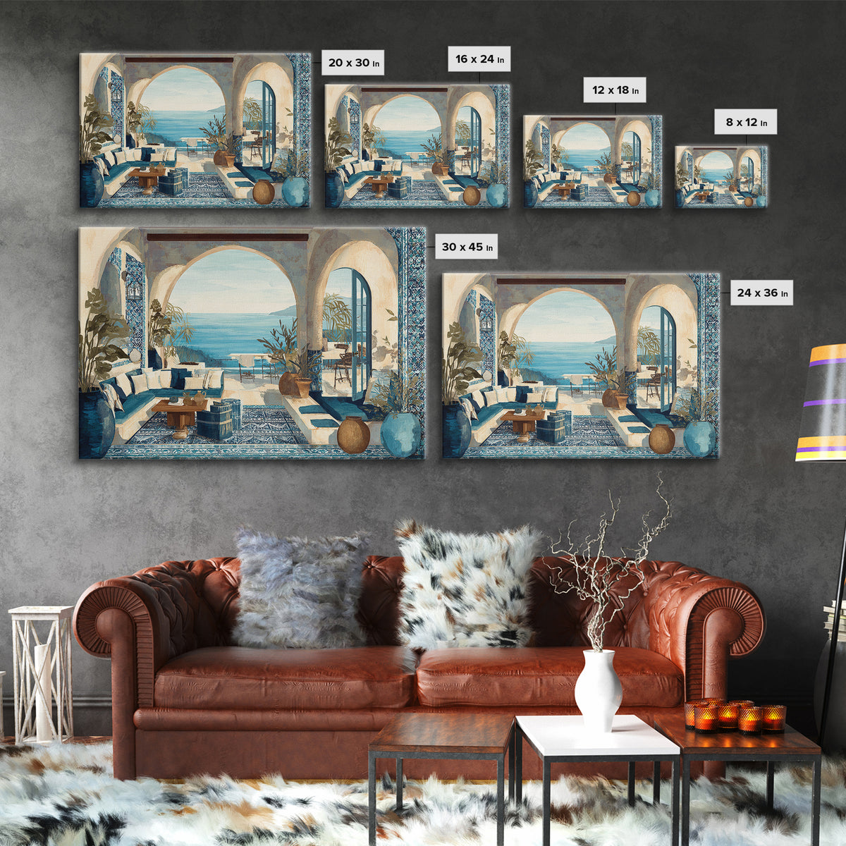 Mediterranean Arch Framing Blue Sea Framed Canvas Print, Italian Villa Art, Contemporary Art, Living Room Decor, Villa, IVA-3x2-36