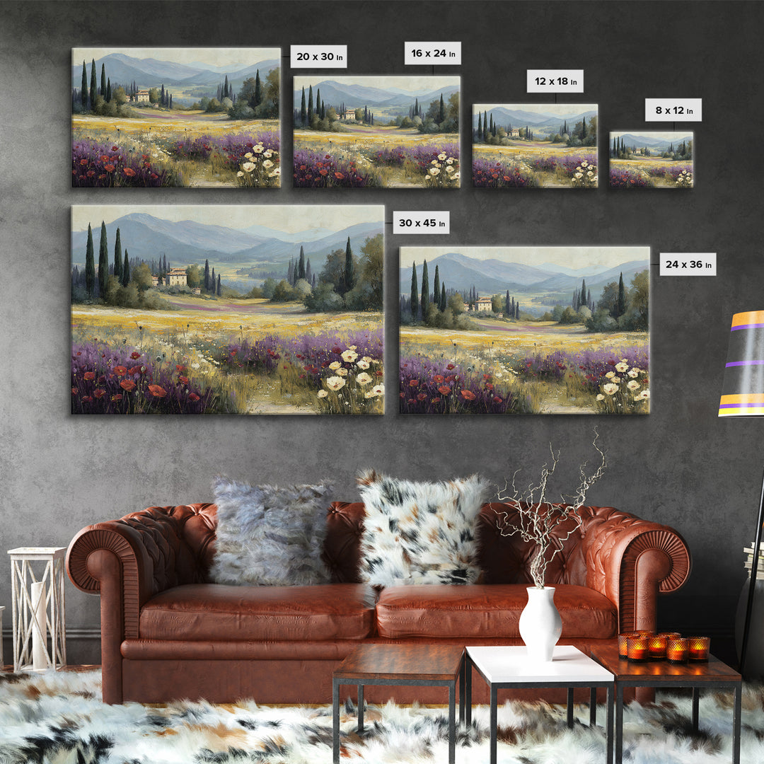 Tuscan Poppy Field Canvas Print, Italian Villa Art, Framed Wall Art, Living Room Decor, Abstract Art, Villa, Colorful Wall Art, IVA-3x2-43