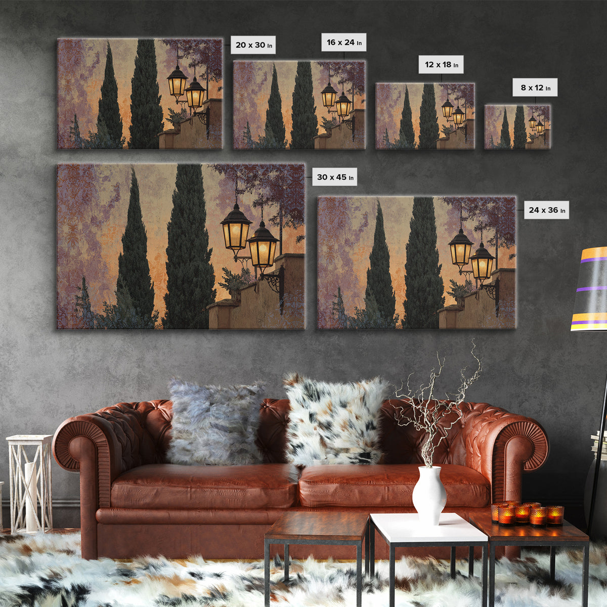 Cypress Silhouette at Sunset Canvas Print, Italian Villa Art, Living Room Decor, Villa, Living Room Art, Gallery Wall Set, IVA-3x2-49