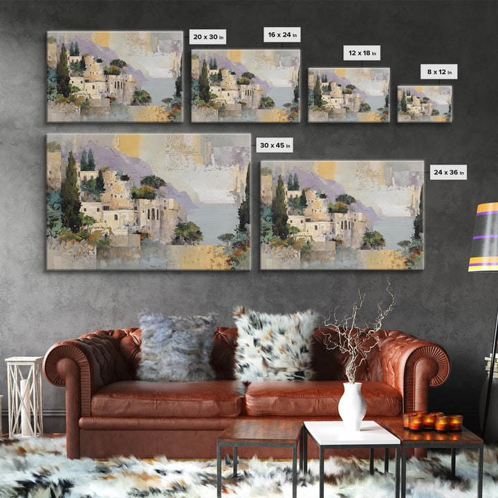 Amalfi Coast Cliffs Framed Canvas Print, Italian Villa Art, Printable Art, Living Room Decor, Watercolor Art, Villa, IVA-3x2-65