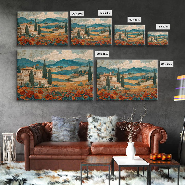 Tuscan Poppy Field Canvas Print, Italian Villa Art, Landscape Art, Living Room Decor, Watercolor Art, Villa, IVA-3x2-67