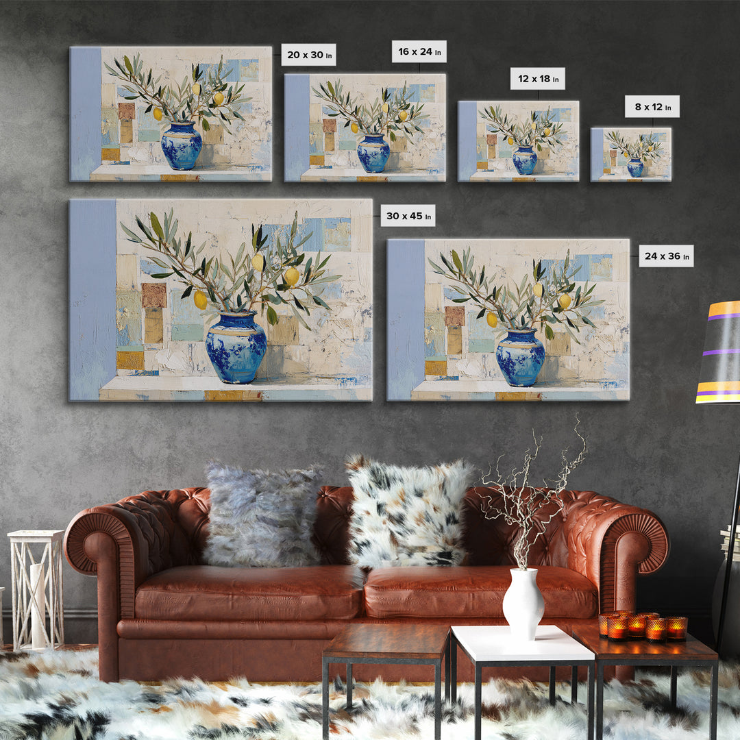 Lemon Branch in Blue Ceramic Vase Framed Canvas Print, Italian Villa Art, Bedroom Wall Art, Living Room Decor, Watercolor Art, IVA-3x2-78