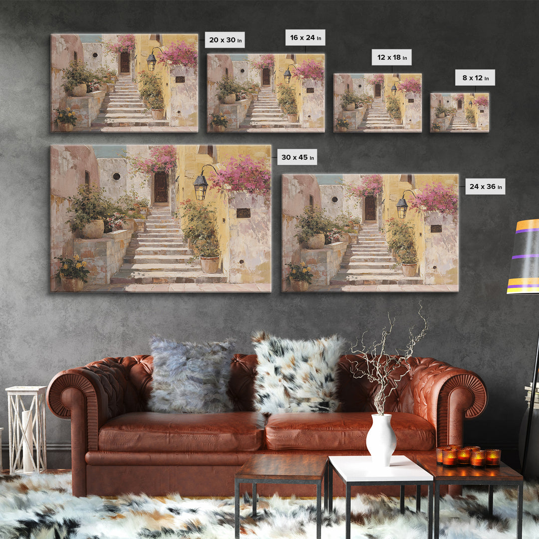 Sunlit Stone Stairway Framed Canvas Print, Italian Villa Art, Bedroom Wall Art, Living Room Decor, Villa, Travel Poster, IVA-3x2-87