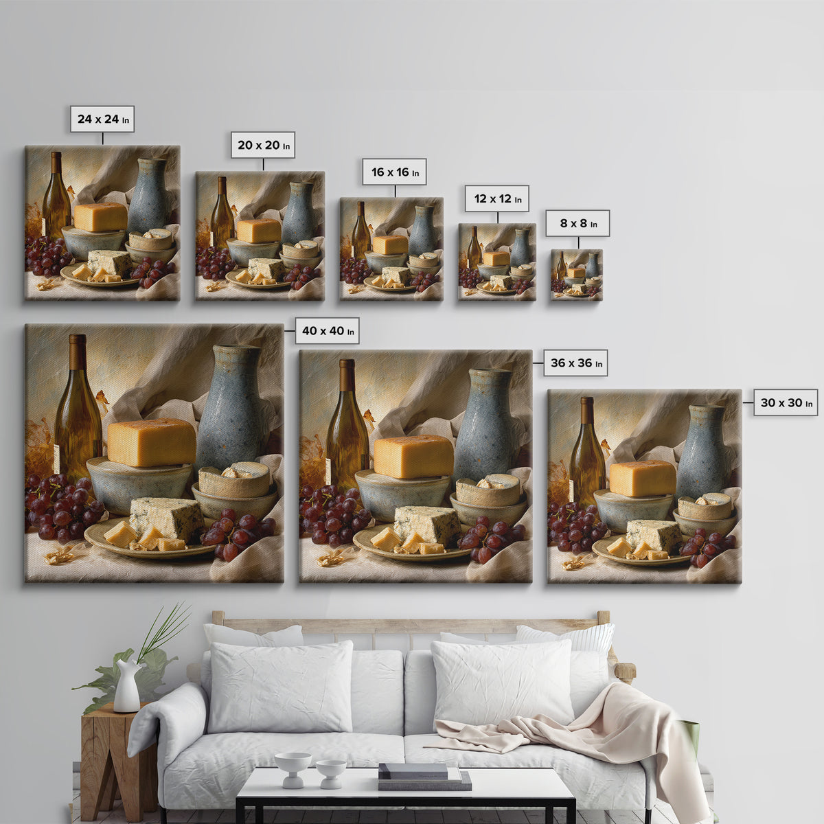 Wine Bottle Grapes and Cheese Still Life Framed Canvas Print, Kitchen Art, Kitchen, Kitchen Decor, Fine Art, Kitchen, KIT-1x1-12