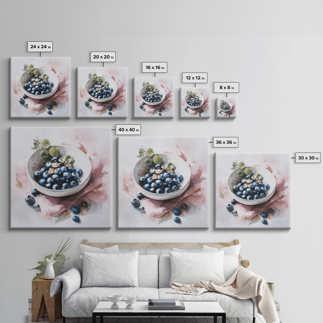 Blueberries in a White Bowl Canvas Print, Kitchen Art, Digital Print, Kitchen Decor, Watercolor Art, Kitchen, Kitchen Print, KIT-1x1-19