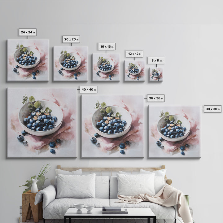 Blueberries in a White Bowl Canvas Print, Kitchen Art, Digital Print, Kitchen Decor, Watercolor Art, Kitchen, Kitchen Print, KIT-1x1-19