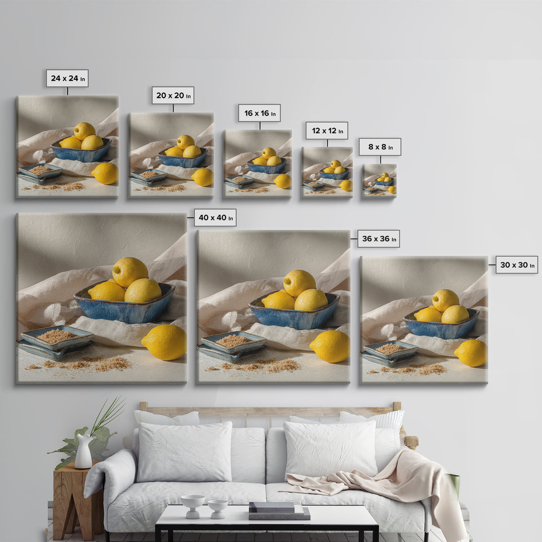 Lemons and Blue Ceramic Bowl Still Life Canvas Print, Kitchen Art, Trendy Wall Art, Kitchen Decor, Fine Art, Kitchen, KIT-1x1-26