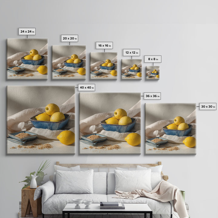 Lemons and Blue Ceramic Bowl Still Life Canvas Print, Kitchen Art, Trendy Wall Art, Kitchen Decor, Fine Art, Kitchen, KIT-1x1-26