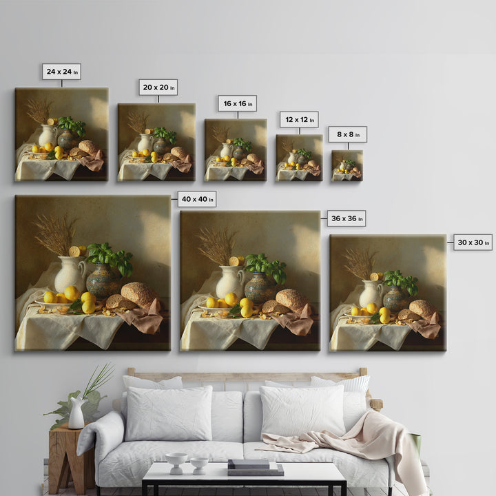 Pasta Lemons and Basil Mediterranean Still Life Framed Canvas Print, Kitchen Art, Gallery Decor, Kitchen Decor, Kitchen, KIT-1x1-41