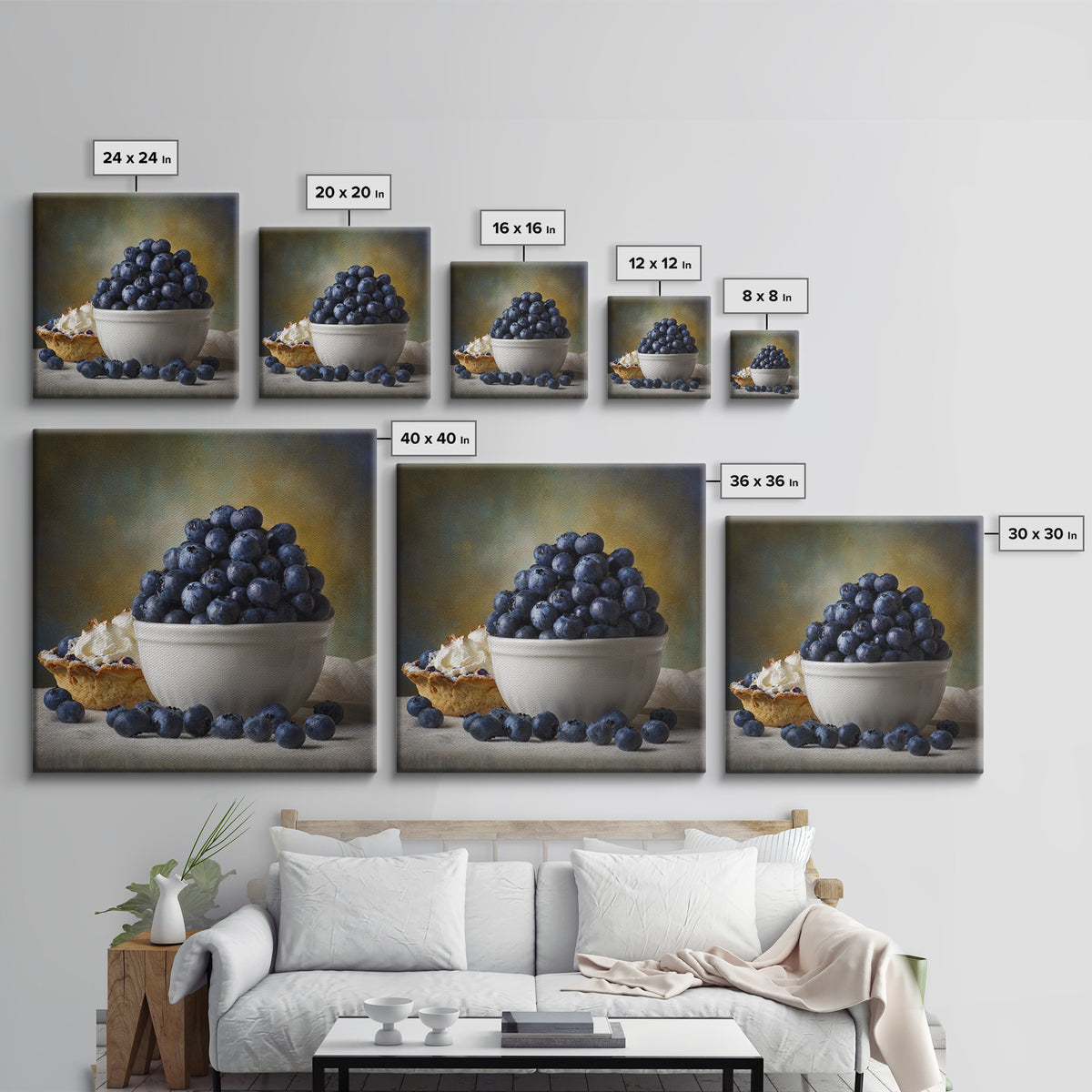 Blueberries in a White Bowl Framed Canvas Print, Kitchen Art, Modern Art, Kitchen Decor, Oil Painting, Kitchen, Neutral Decor, KIT-1x1-43